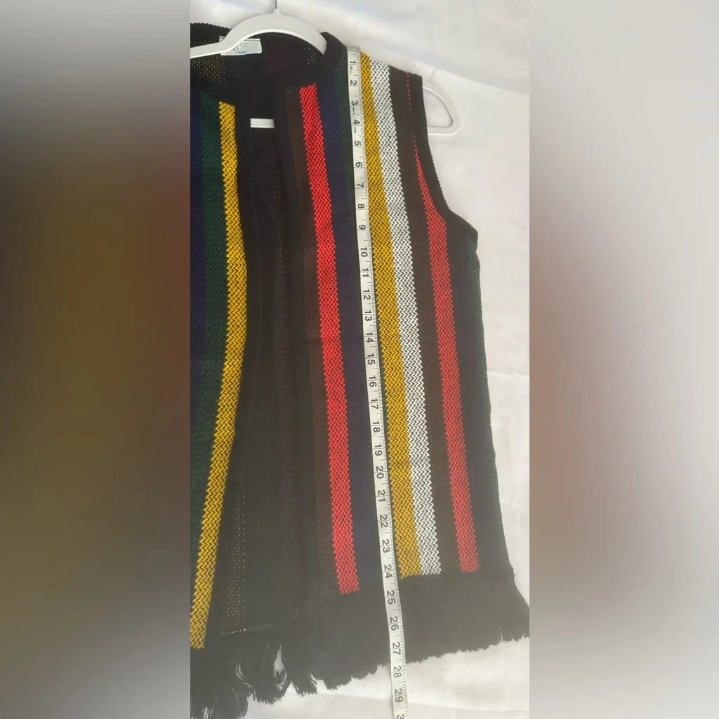 Vintage Sears Cardigan Sweater Vest Striped Fringe Boho Hippie Mod Knit Red Size M - Image 4