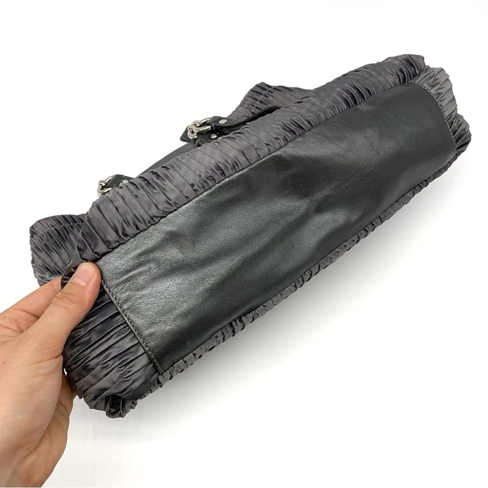 COACH #F20050 Ashley Gathered Carryall Satchel Bag Grey Satin - Image 11