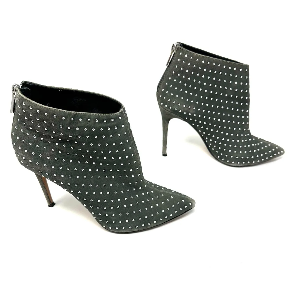 Raye Size 7.5 Boots Gray Rhinestone‎ Studded 4" Heel Back Zip Bootie Pointed Toe - Image 4