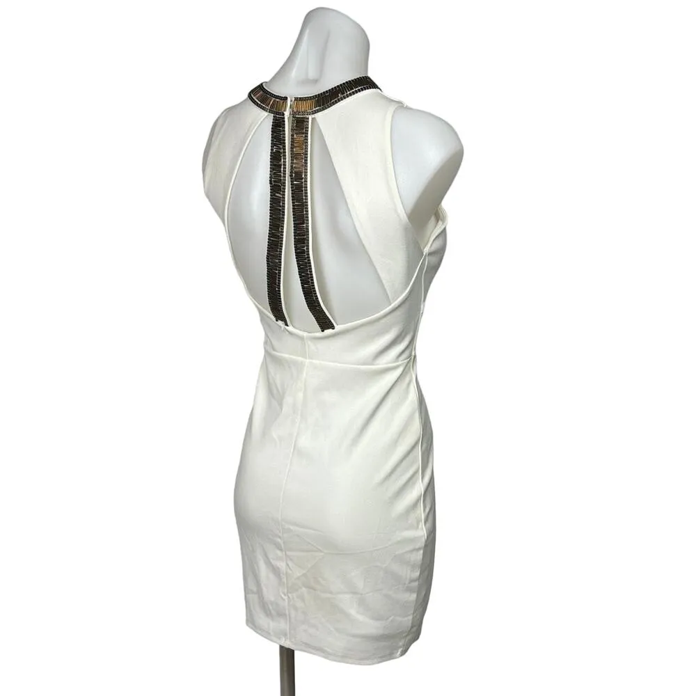 H&M White Gold Beaded Neck Formal Cocktail Bodycon Sheath Mini Dress Size S - Image 2
