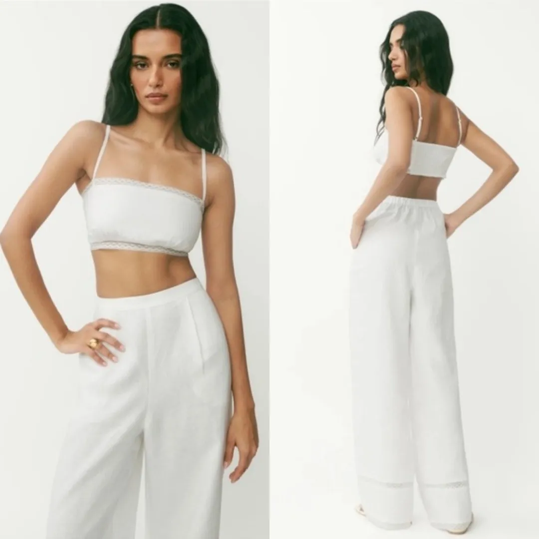 Reformation | Violet 100% Linen Crop Top‎ & Wide Leg Pant Two Piece Set White - Image 3
