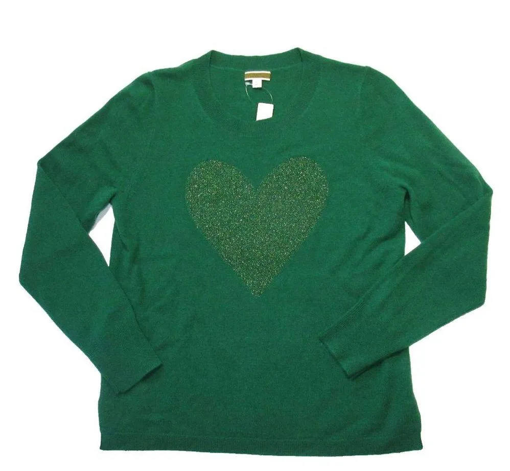 NWT J.Crew Cashmere Crewneck Sweater in Autumn Pine Sparkle Metallic Heart L - Image 2