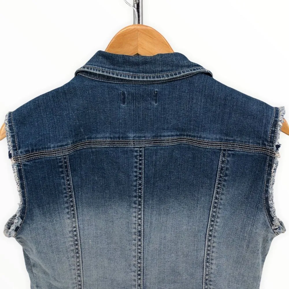Stradivarius Denim Sleeveless Jacket Vest Embroidered Beaded Trim size Large - Image 5
