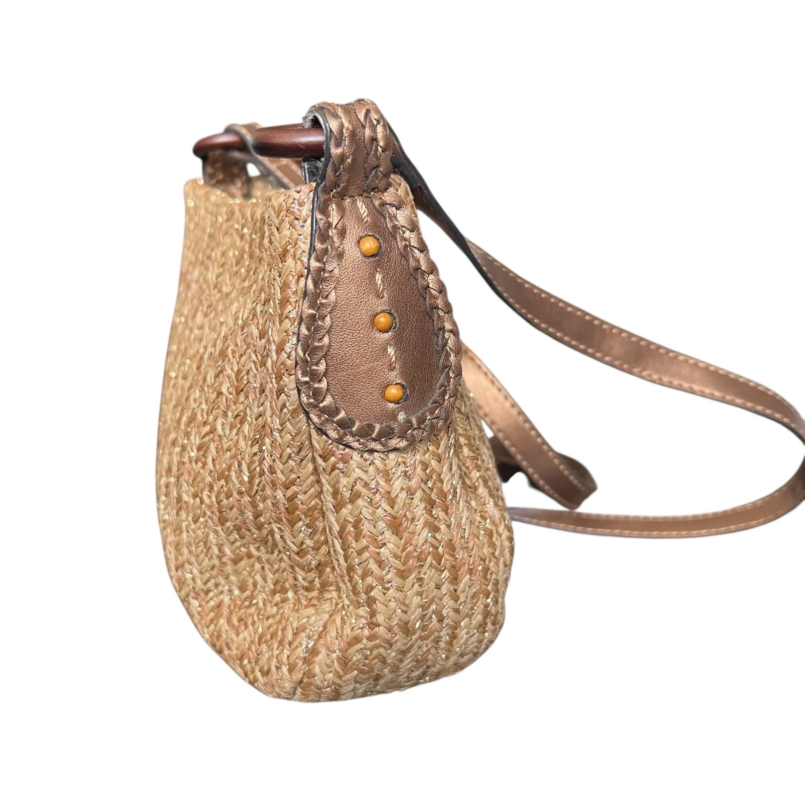 Fossil Brown Woven Metallic Bronze Leather Crossbody Bag Y2K Vintage - Image 4