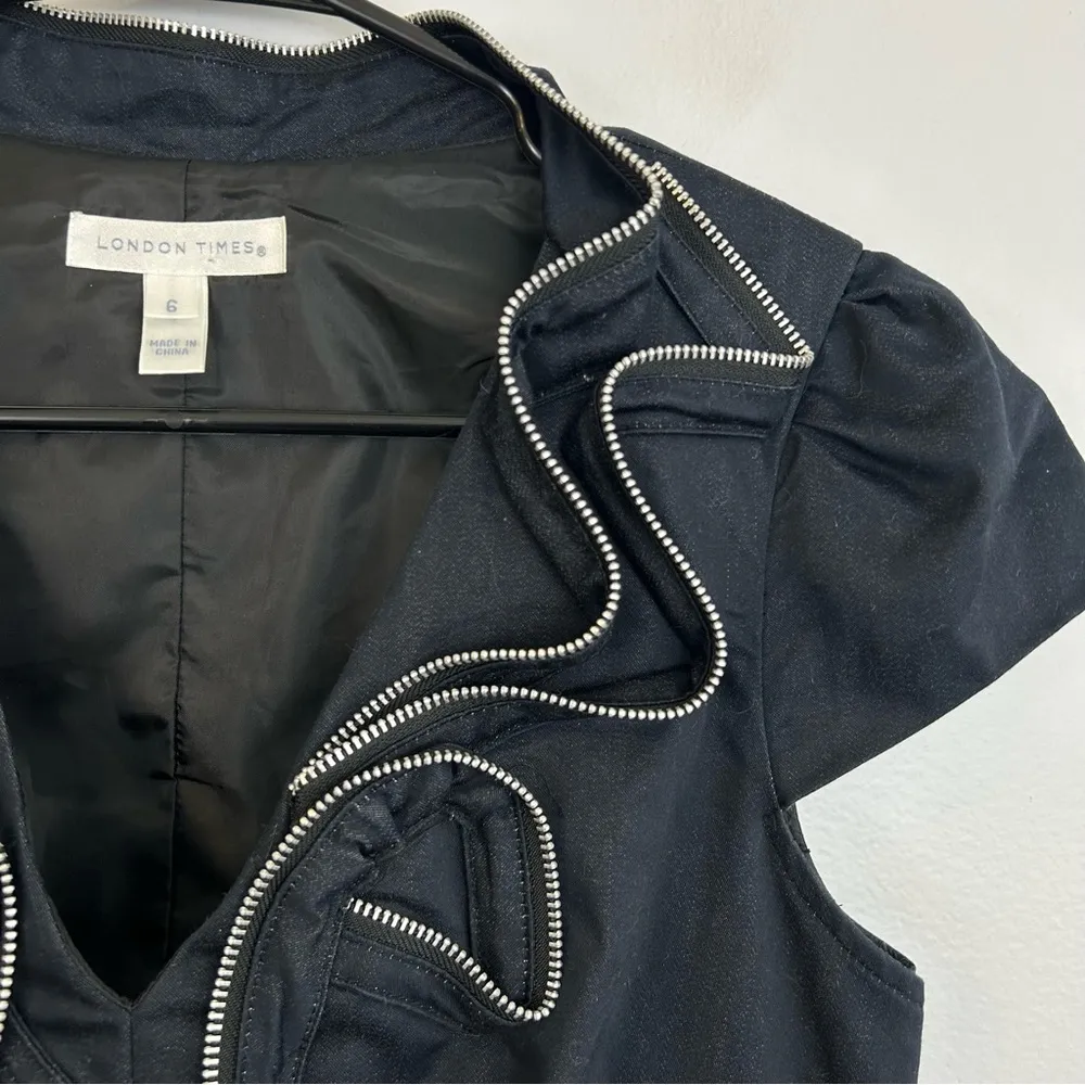 London Times Dark Denim Zipper Ruffle Neck Sheath Dress Size 6 - Image 6