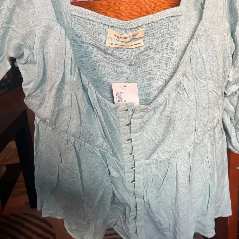 Urban Outfitters Blue Puff Sleeve Blouse with Bib Collar and Ruched Peplum - Image 4