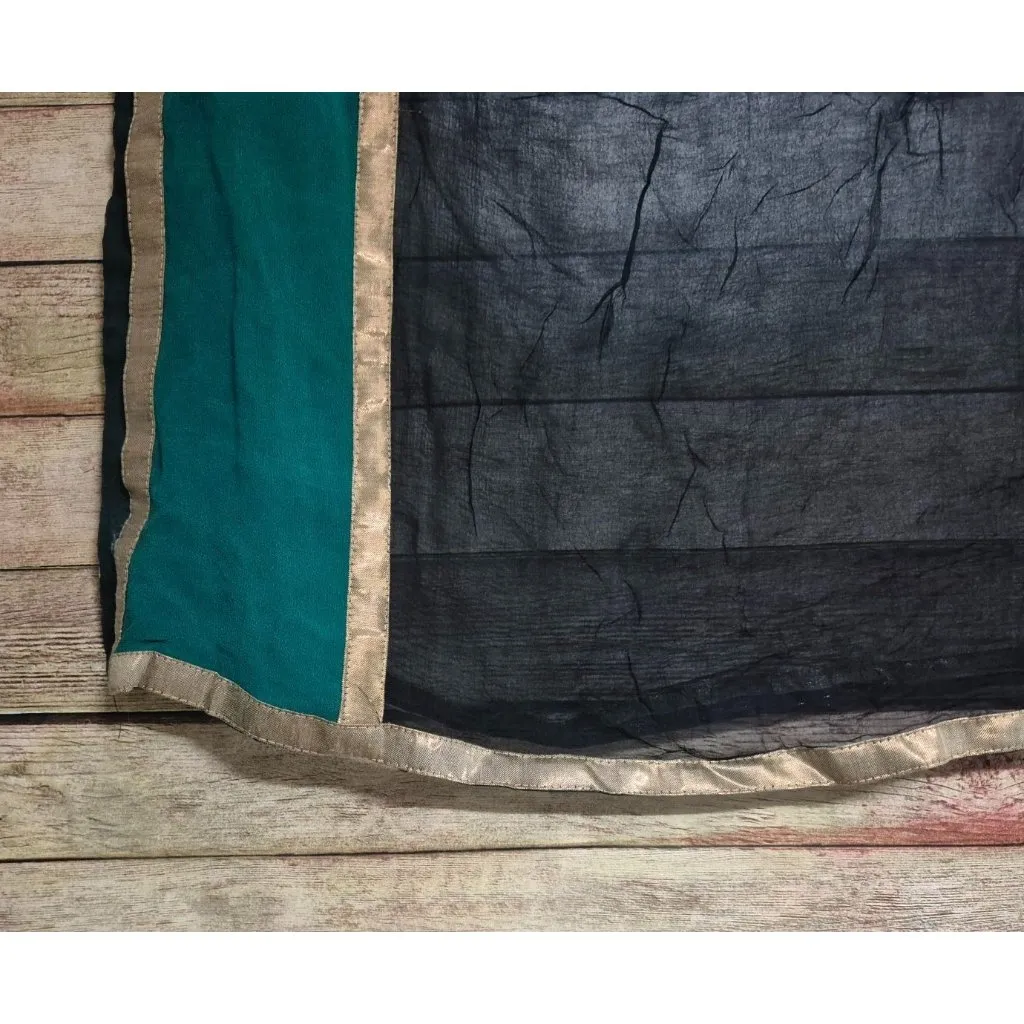 Ethnic Shawl 36" X 90" Black Gold & Green Sheer Pakistani Indian Duppata Saree - Image 3