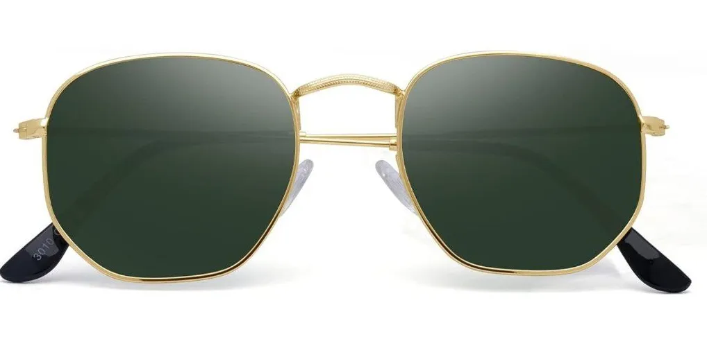 Unisex Gold Black Trendy Square Hexagonal Mirrored Sun Glasses UV Protection Green - Image 1