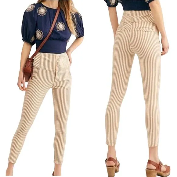 Free People Frankie Striped Skinny Pants Button Front High Waist Ankle Tan 12 - Image 2