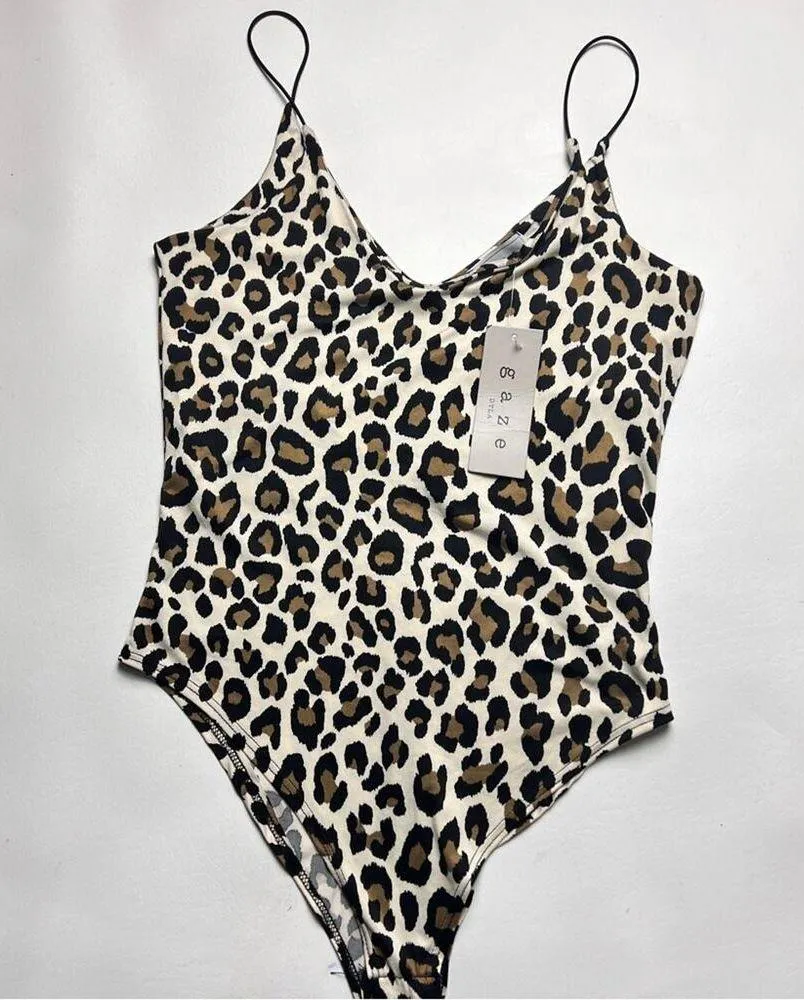 GAZE DTLA Women’s Animal Print Thin Strap Non Adjustable Strap Bodysuit Sz S Brown - Image 9