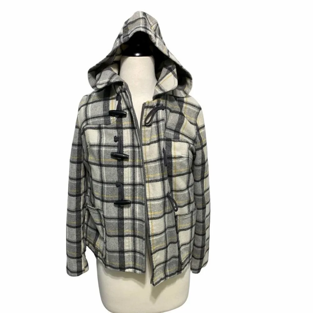 Old Navy  Plaid Wool Winter Jacket With Hood Toggle Jacket Gray Yellow‎ Small - Image 11
