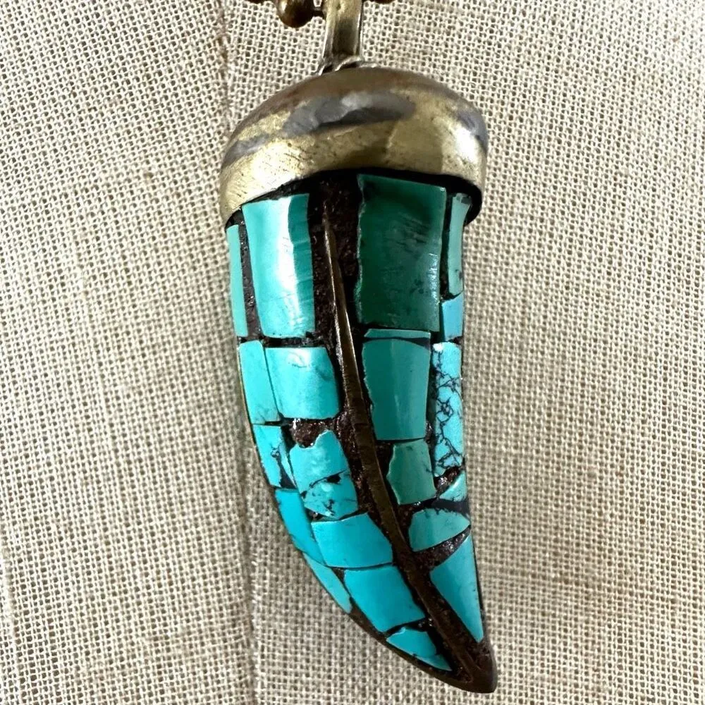 Turquoise Inlay tusk Brass Pendant necklace Blue - Image 6