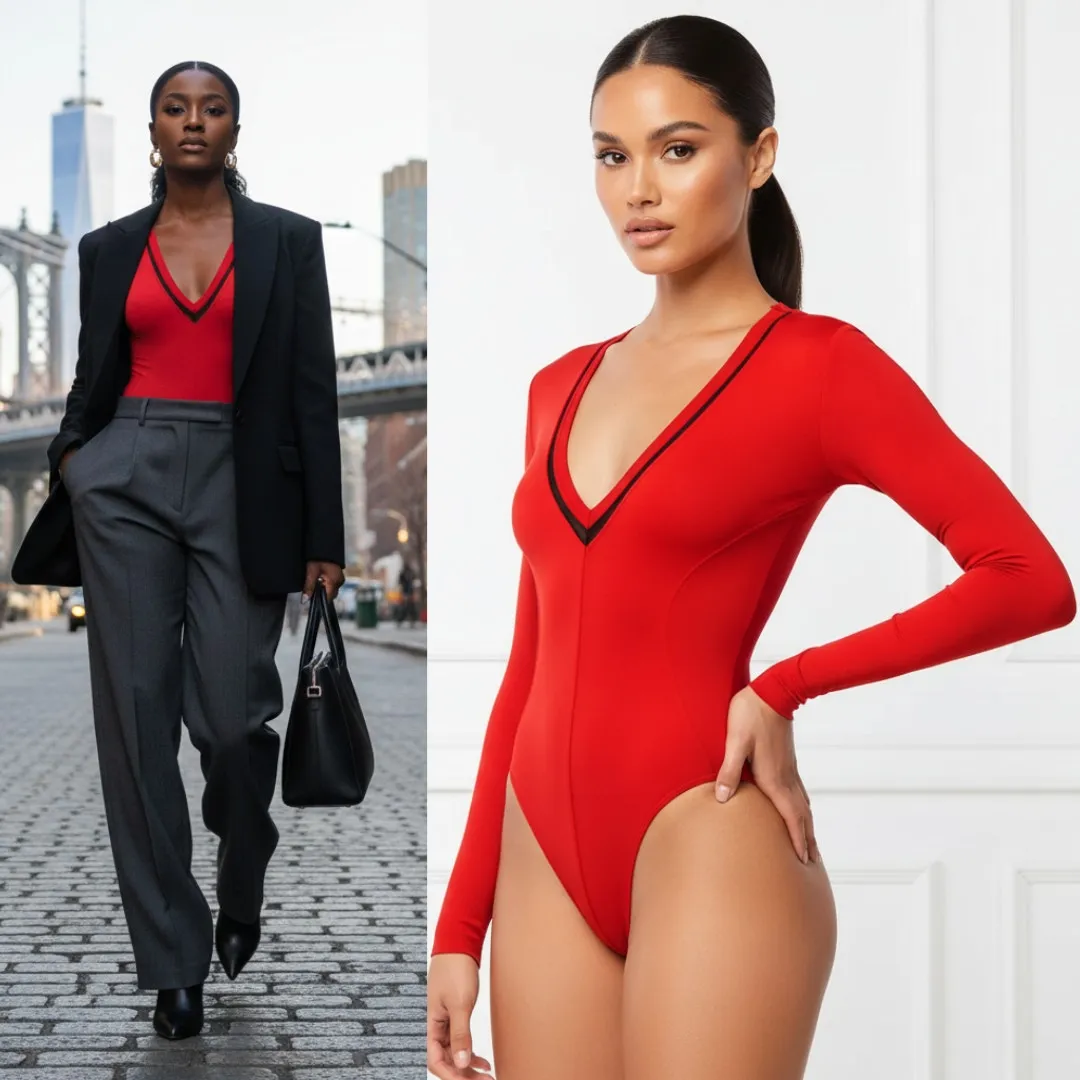 NEW Good American Low Down Bodysuit Red Black Net Accent Sz 5 US XXL Minimalist - Image 2