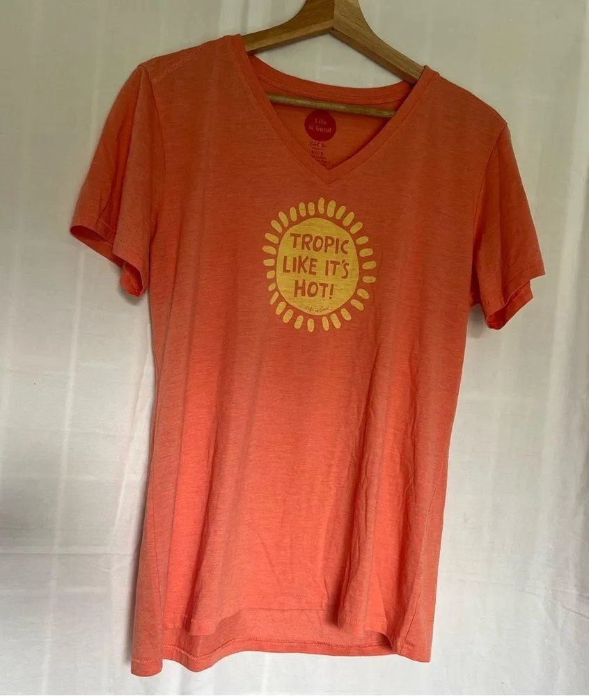cool tee v neck “tropic like it’s hot” sun coral and yellow tee L - Image 5