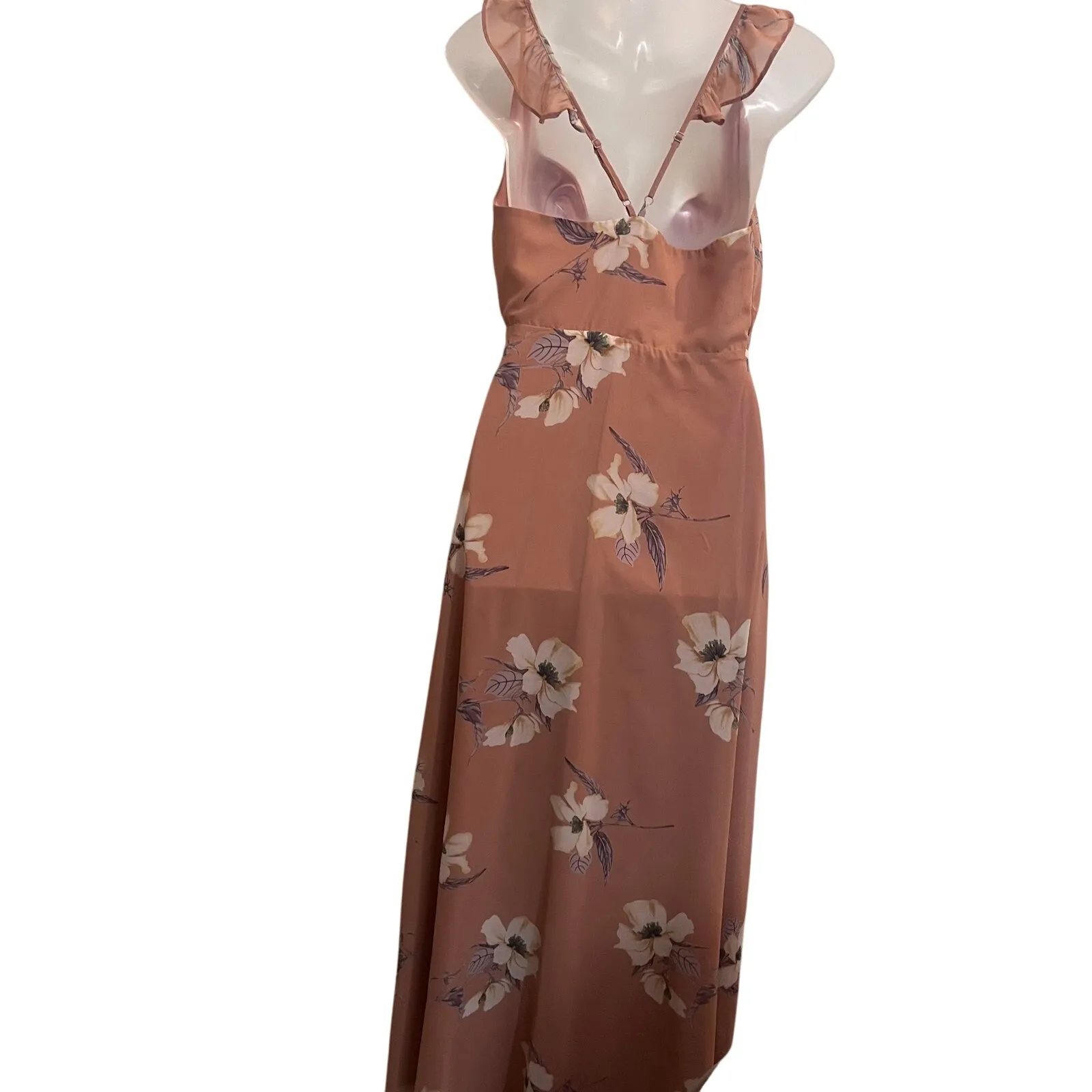 Lulus Chiffon All Mine Rusty Rose Floral Print High-Low Wrap Dress Taupe Small - Image 3