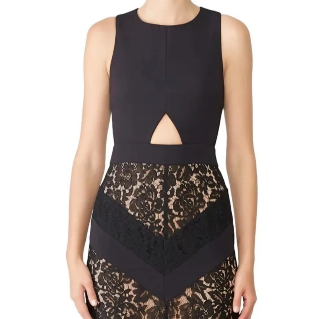 Fame & Partners The Spring Dress Sz 6 Cutout Chevron Lace Keyhole Column Maxi Black - Image 3