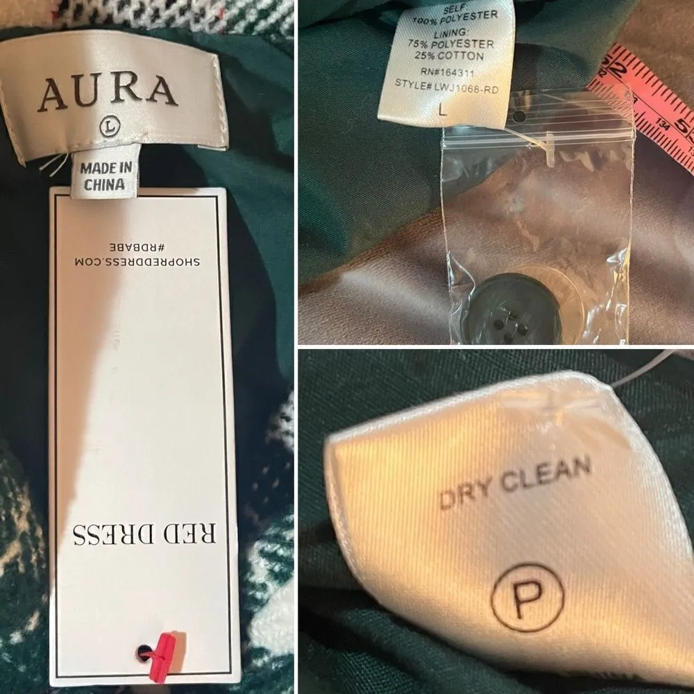 Aura Beauty And Style Dark Emerald Plaid Pea Coat Green Double Breasted L NWT - Image 11