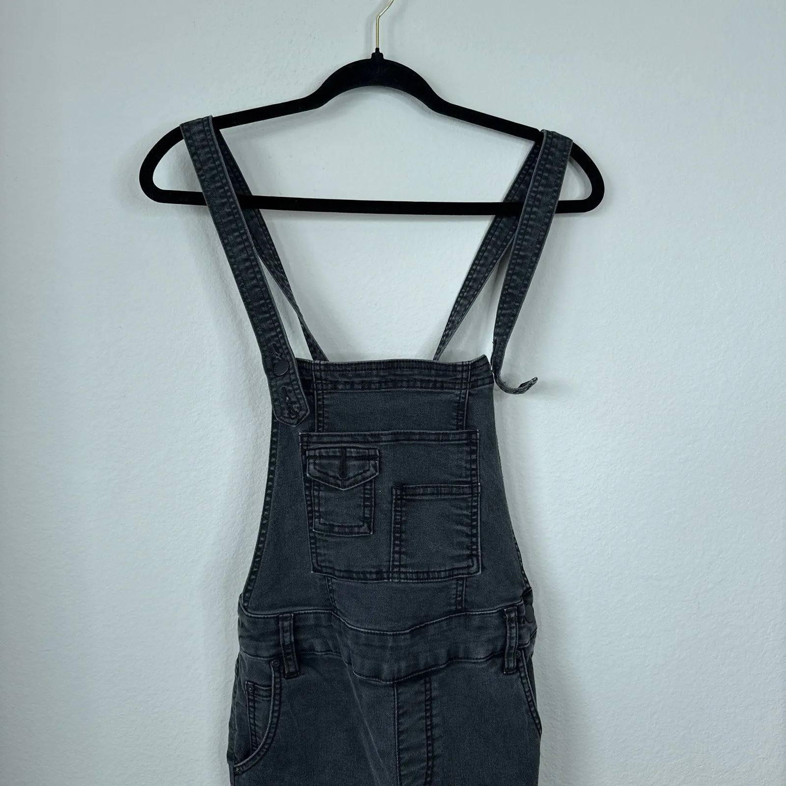 FREE PEOPLE Century Overalls Eclipse Black Bib Skinny Jean Denim Stretch Size 26 - Image 5