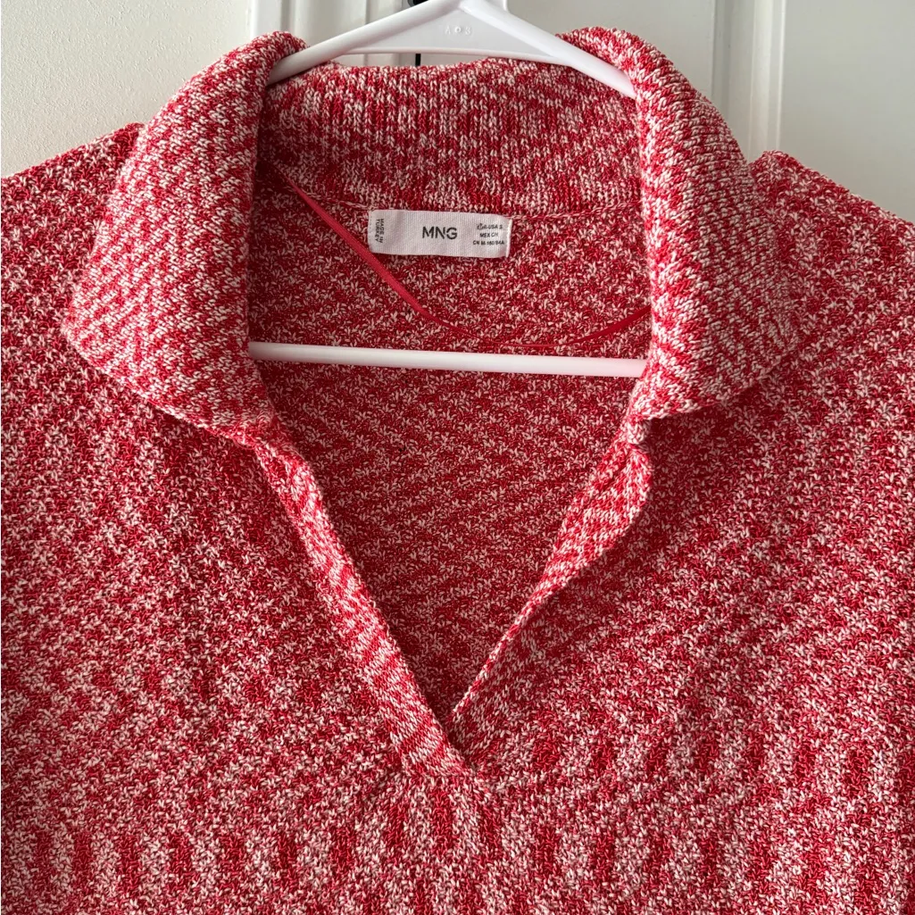 Mango Red and White Textured Polo Style Knit Top - Image 3