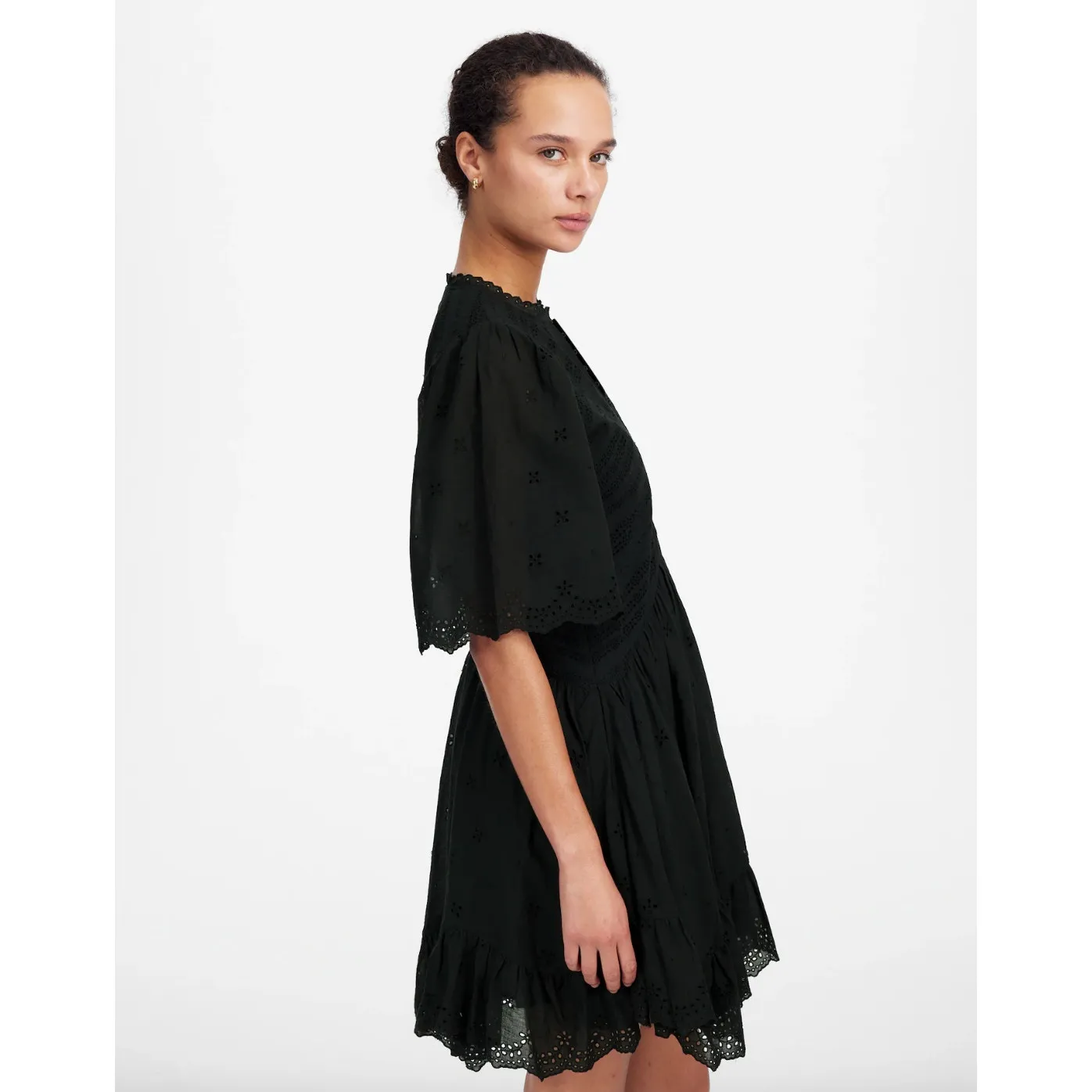 Madewell Eyelet Flutter Sleeve Mini Dress Cotton Boho Cottage Jet Black US 8 NWT - Image 4