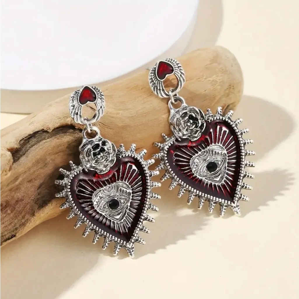Gothic Punk Love Blood Silver/Red‎ Color Eye Rose Dangle Alloy Drop Earrings Silver - Image 5