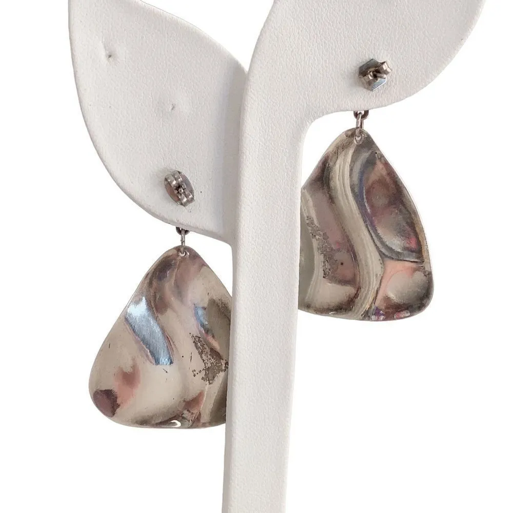 Water Wave Droplet Silver Tone Stud Post Drop Earrings Runway Statement Triangle - Image 4