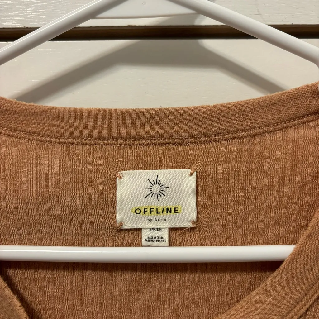 Aerie Offline Ribbed Thermal Oversized Comfy Snap Collar Tan - Image 4