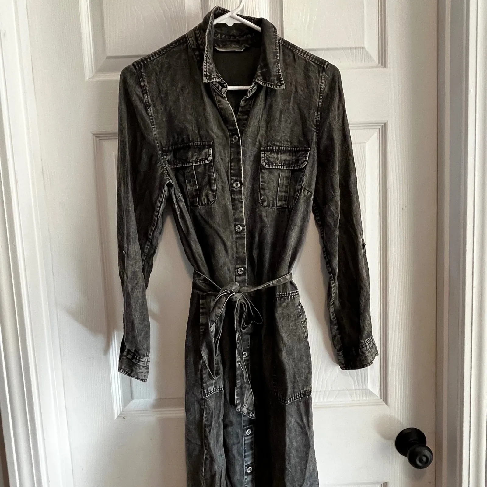 Soft Surroundings XS Black Denim Utility Maxi Shirtdress Button Front Belted Gray Size undefined - Image 3