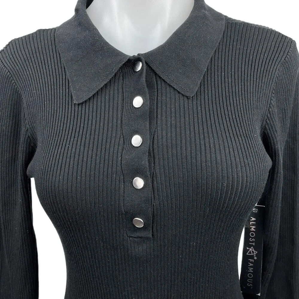 NEW Almost Famous Black Ribbed Polo Henley Open Back Sheath Midi Dress Size XL - Image 3
