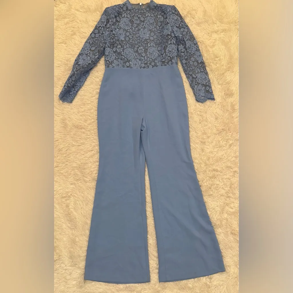 NWT NADINE MERABI Maddie Lace Long Sleeve Wide Leg Jumpsuit sz 14 Blue - Image 4