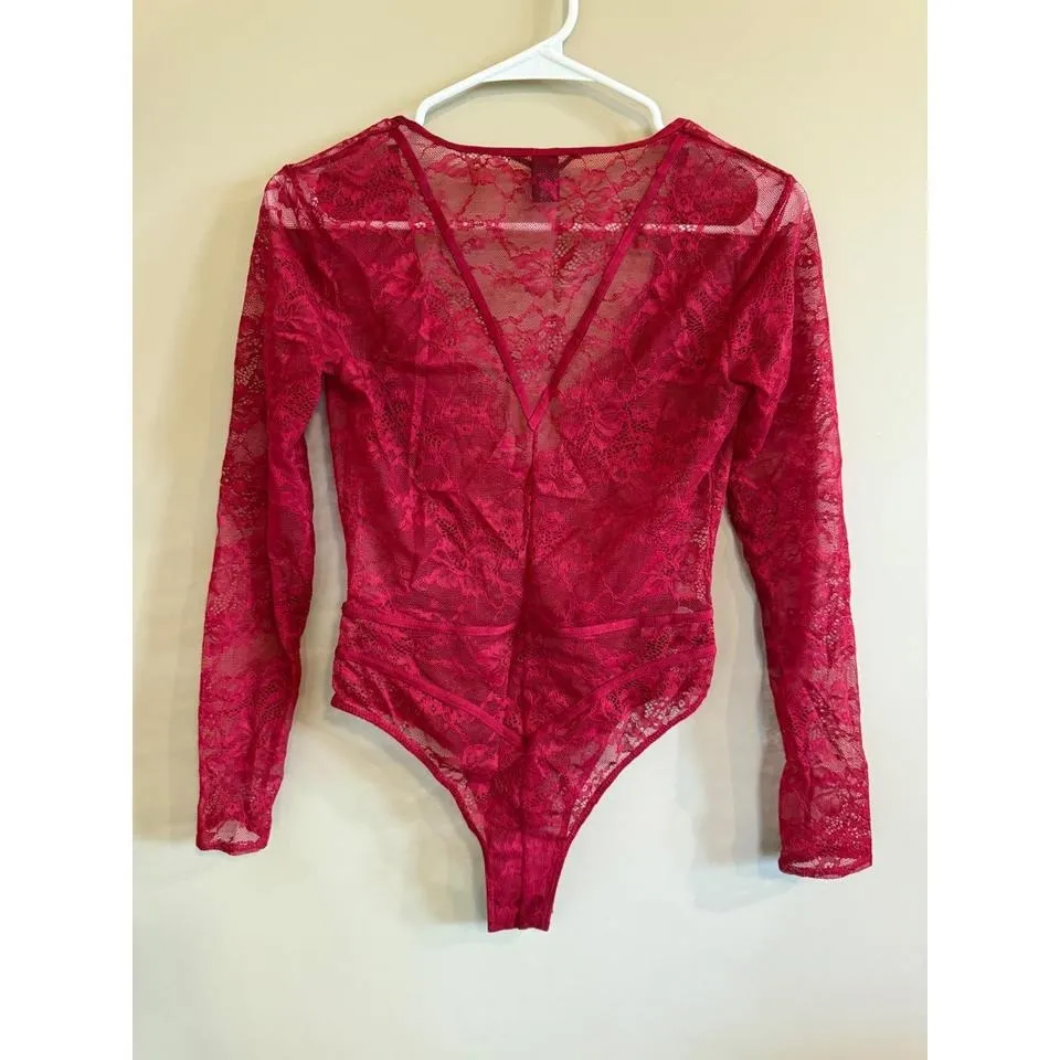Victorias Secret Red Lace Long Sleeve Plunging V Neck Bodysuit S P - Image 2