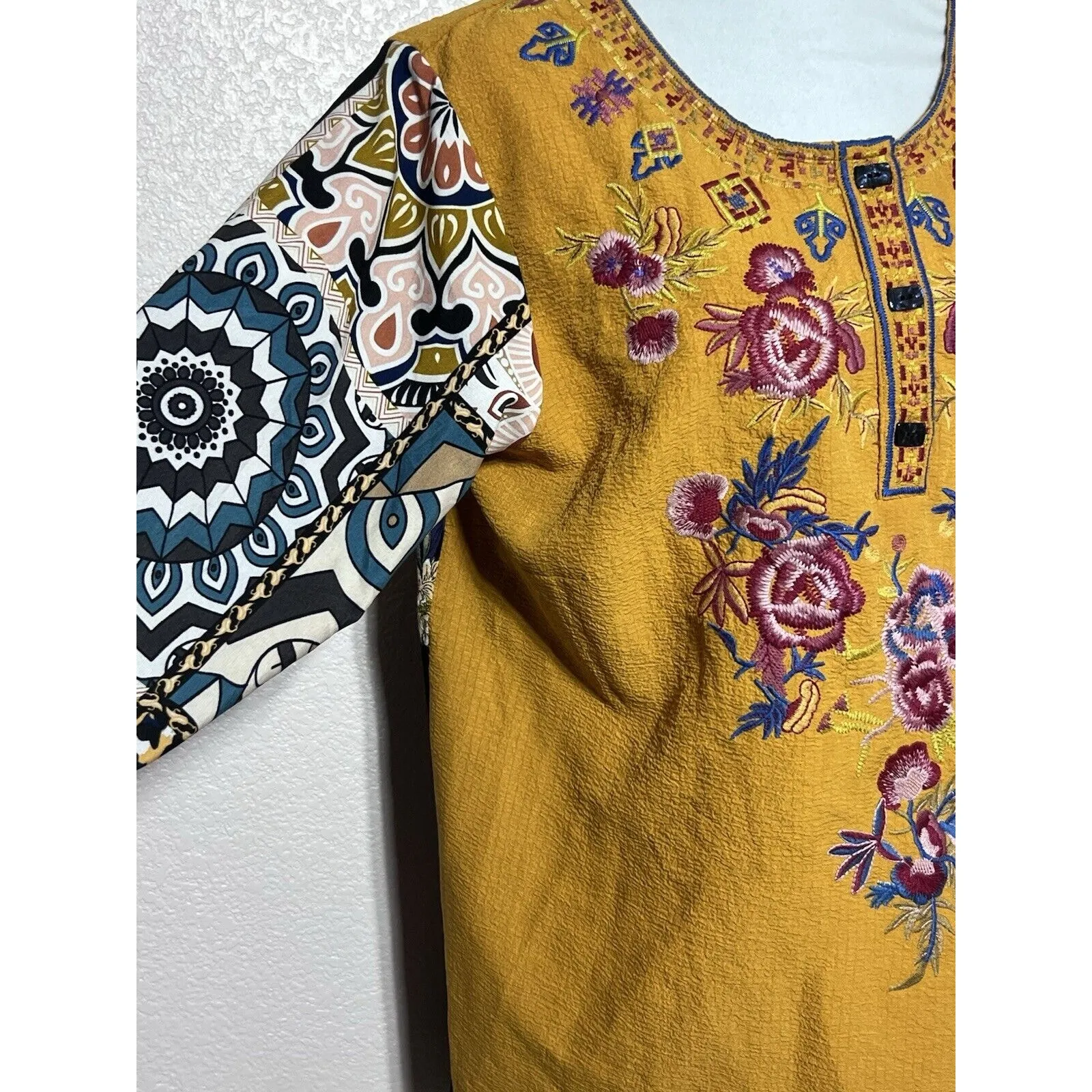 Caleoas BOHO Patchwork Blouse Embroidered Floral Buttons Size L Long Sleeve Size L - Image 3