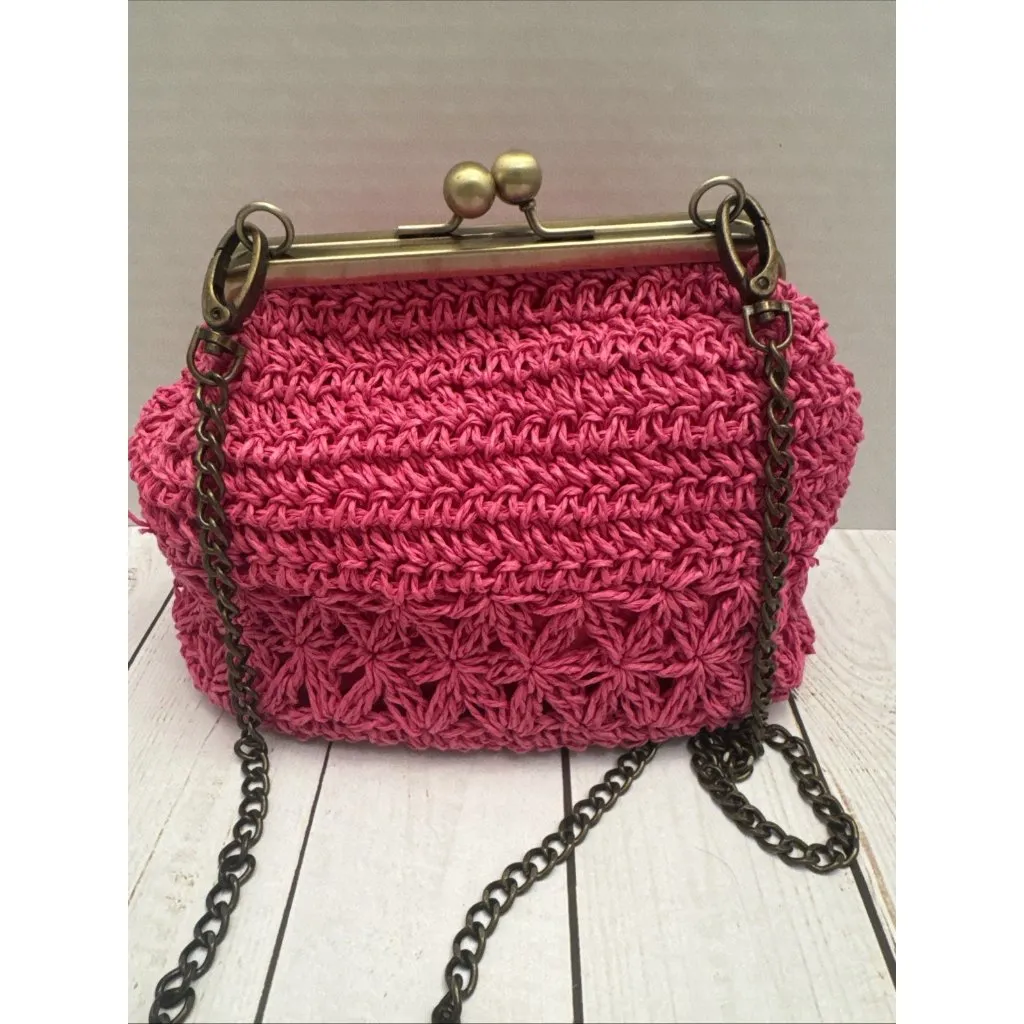 Sun ‘N’ Sand Hot Pink Kisslock Woven Shoulder Bag/Purse Chain 9x6x4” VGUC - Image 2