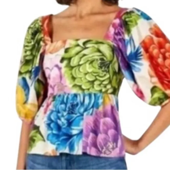 FARM RIO Rainbow Chita Empire-Waist vibrant Floral puff sleeve Blouse resortwear - Image 5