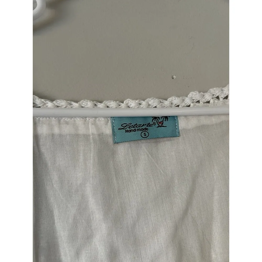 Letarte Handmade Crochet Embroidery Cotton White Beachy Mini Dress Size Small - Image 6