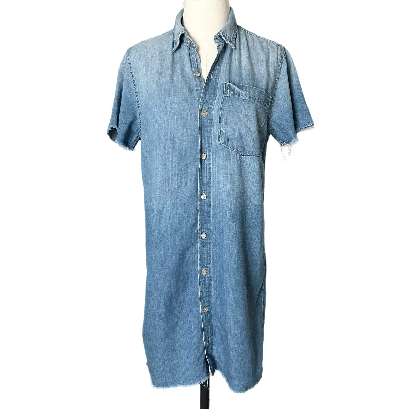 Mother Short Sleeve Frenchie Fray Dress in Cut & Run Denim Blue Size Small - Image 2