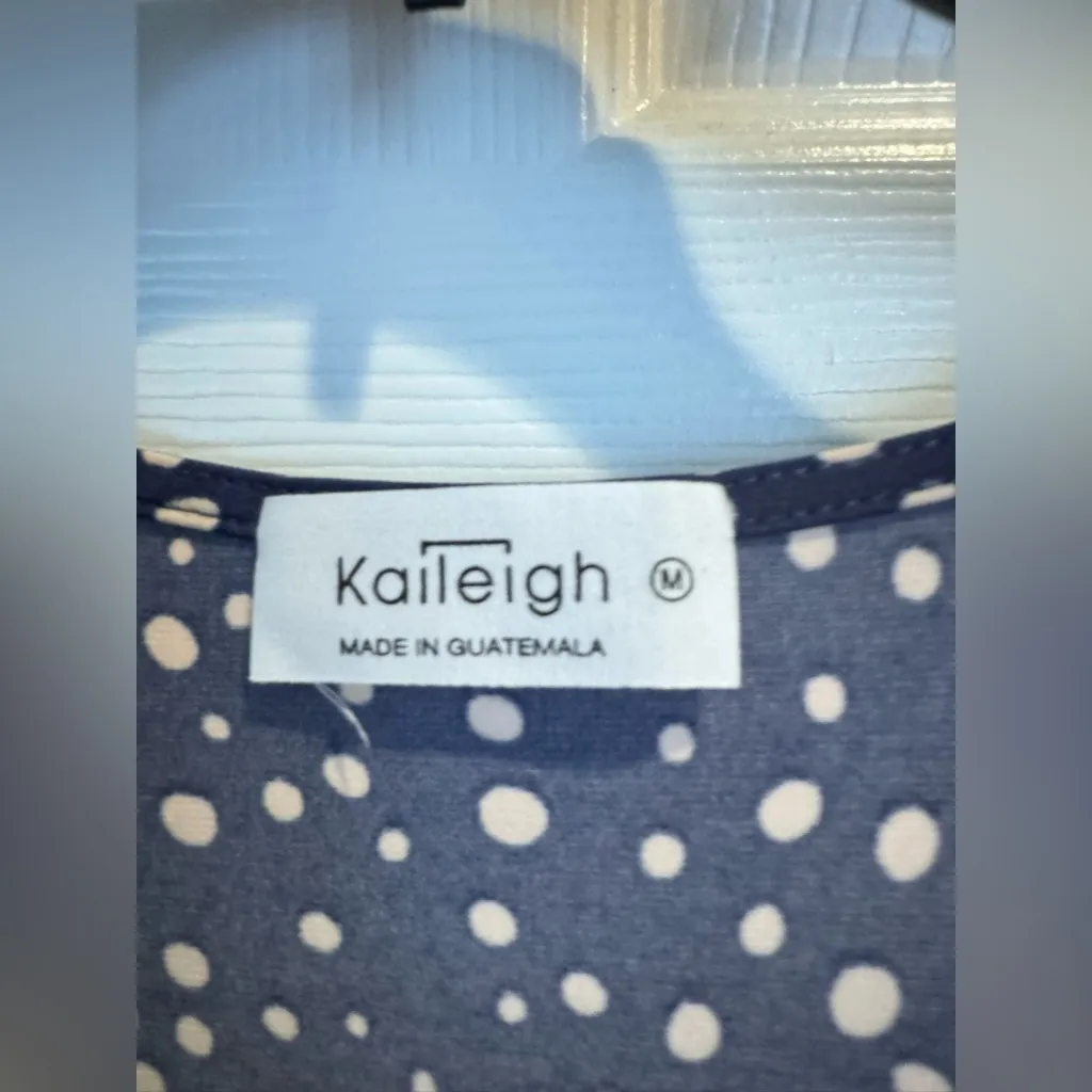 Kaileigh Woman’s Size Medium Navy Faux Wrap  Polka Dot Stretch Dress - Image 5