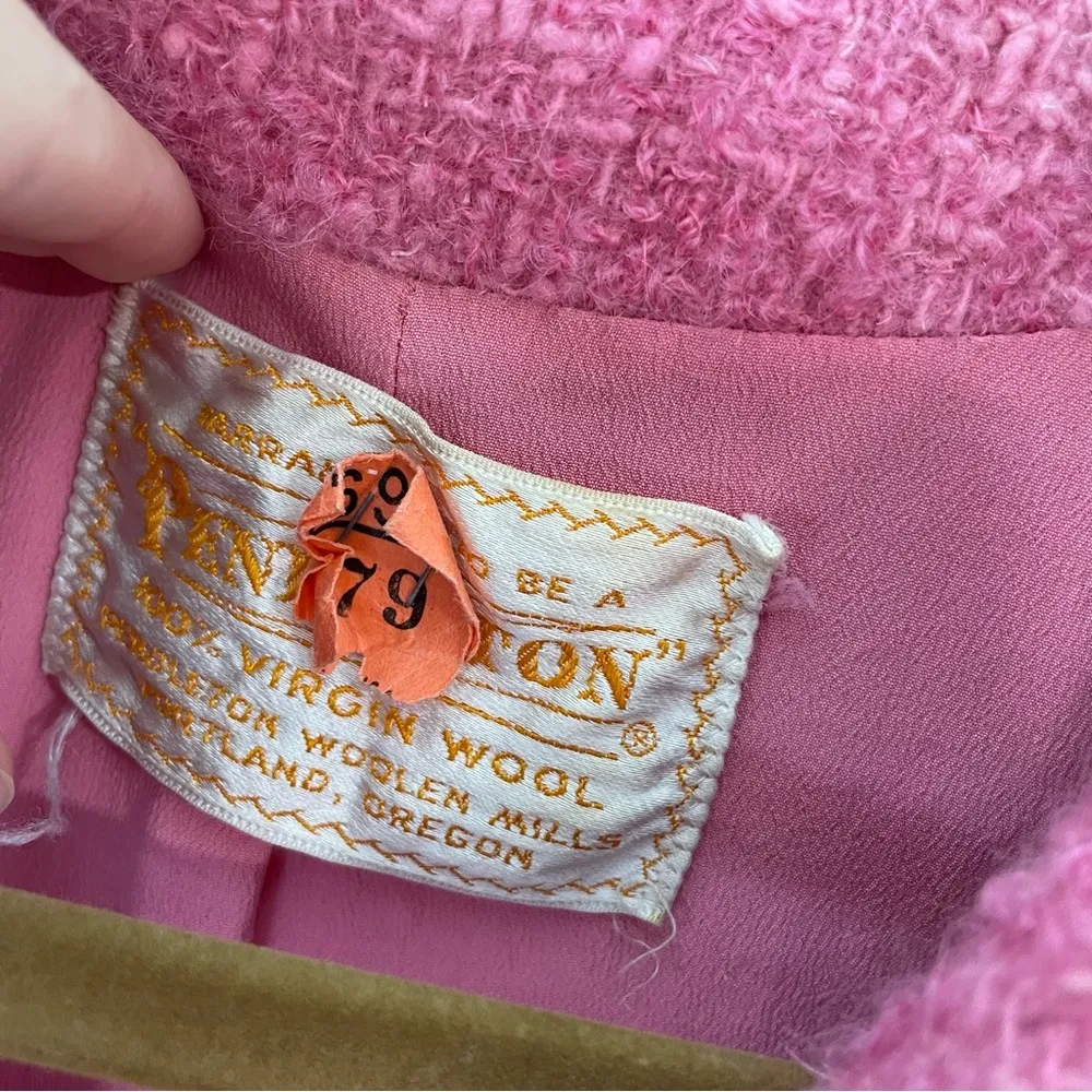 Vintage 50s 60s Pendleton Virgin Wool Swing Coat Pink Textured Tweed Button - Image 8