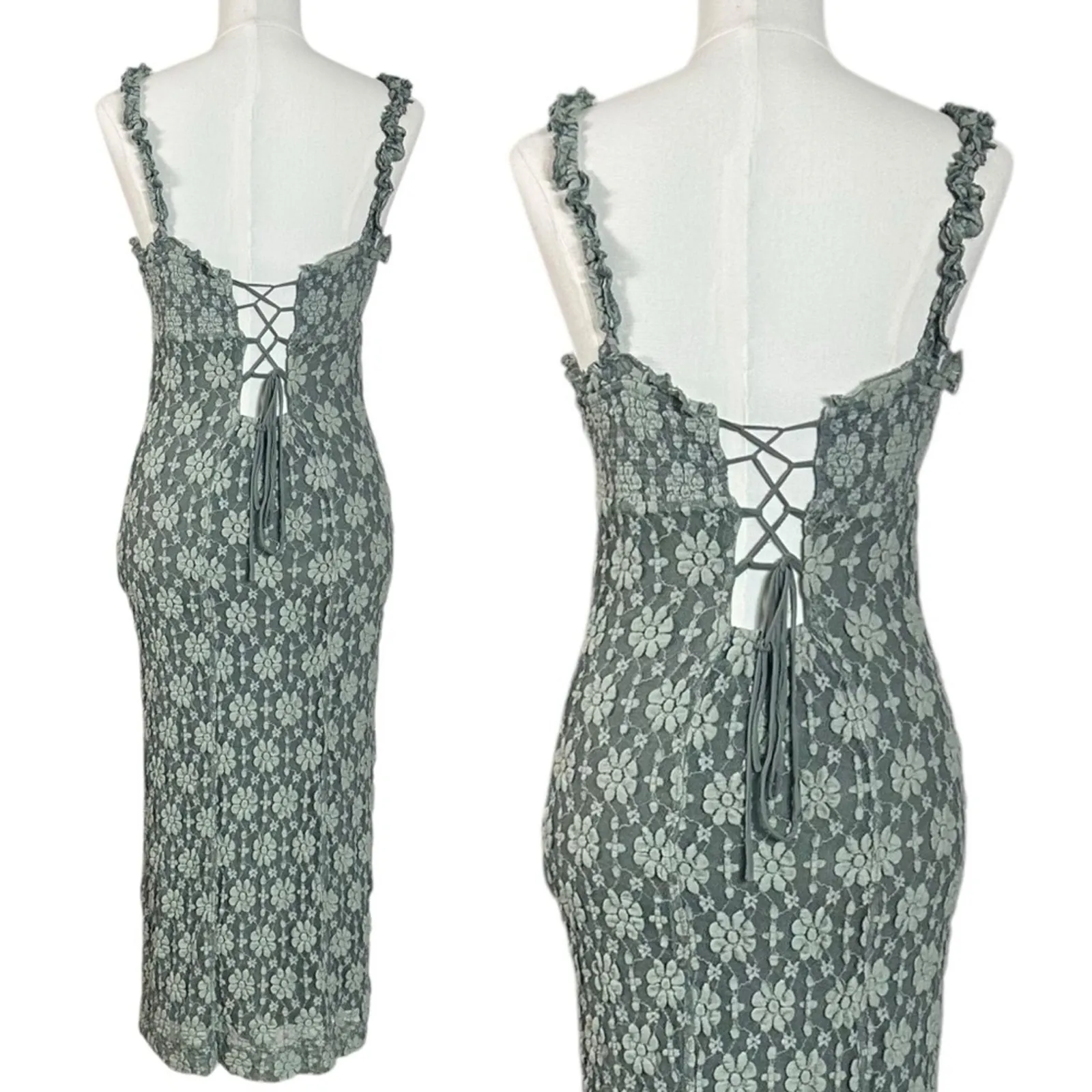 Free People Ethereal Dainty Romantic Lucinda Lace Midi Dress Lilypad Jade Medium - Image 9