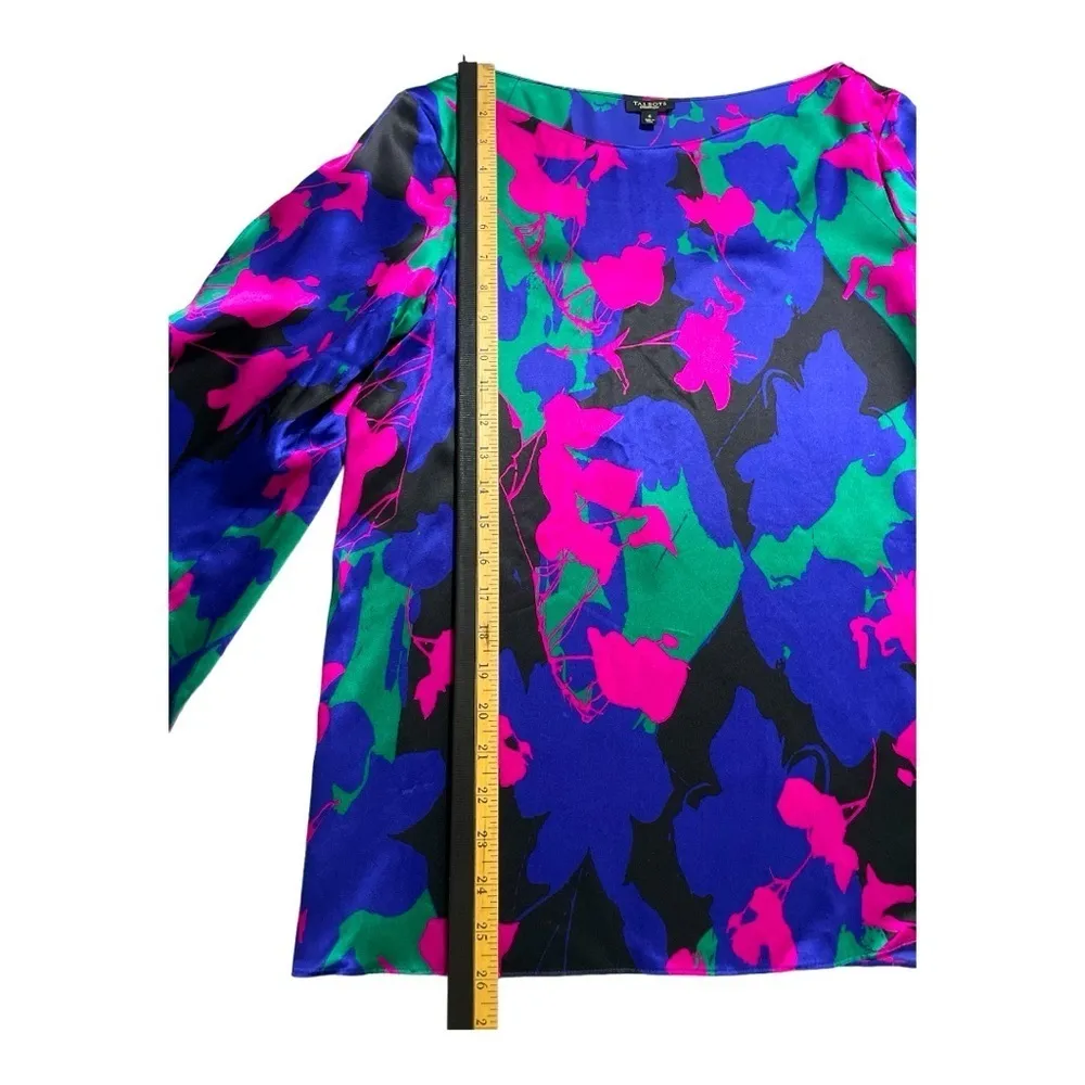 TALBOTS 100% Silk Blouse Size 6 Purple Black Floral Green Pink Tulip Sleeves - Image 14