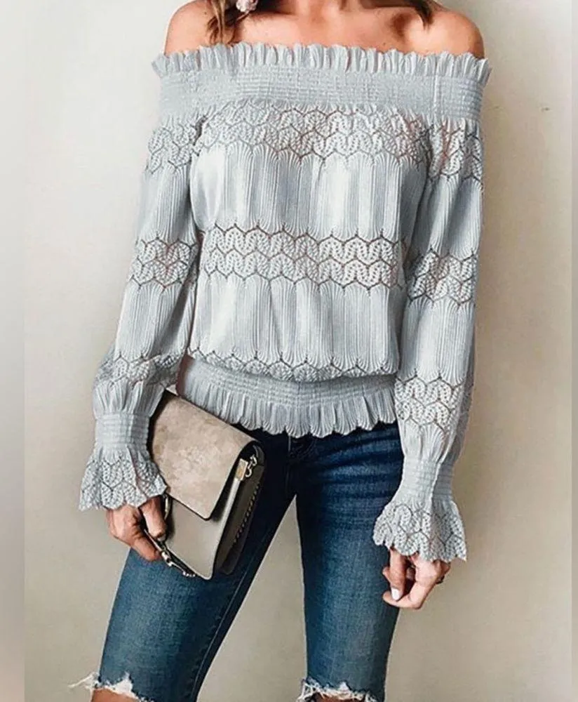 Suzanne Betro small ruffle off the shoulder lace crochet smocked top lightweight - Image 11