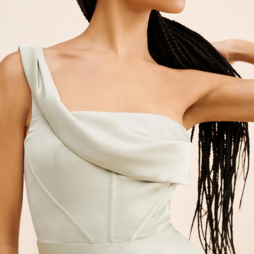 If By Sea Women’s Nuuly Satin One Shoulder Sage Green Corset Bust Maxi Dress S - Image 8