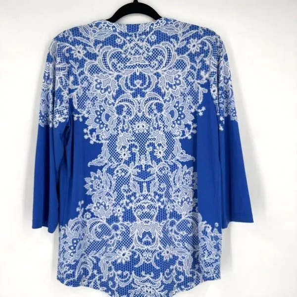 Susan Graver Royal Blue Baroque Lace Pattern Liquid Knit blouse Size S Popover - Image 2