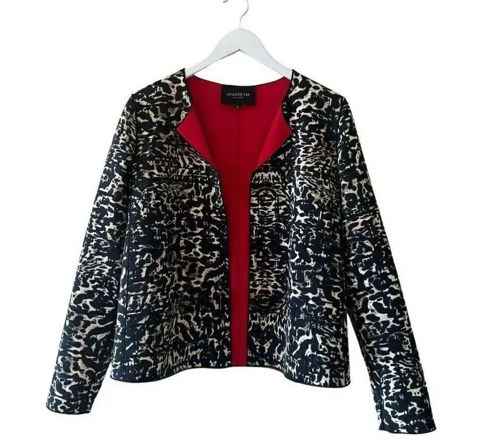 LAFAYETTE 148 NEW YORK Black Animal Print Career Office Open Front Jacket SZ S Black - Image 2