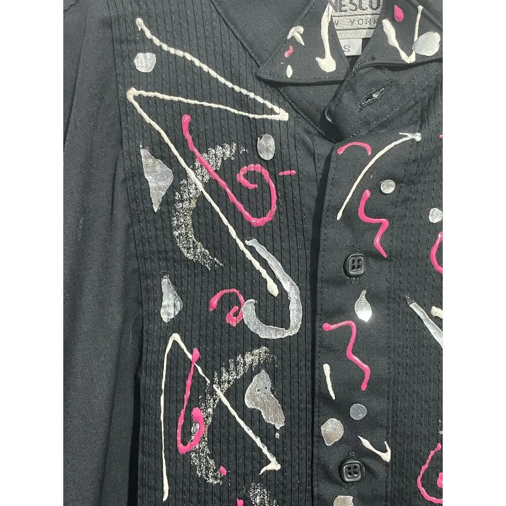 Vintage Wayne Scott Tuxedo Shirt Small Black Handpainted Abstract 80s Glam - Image 3