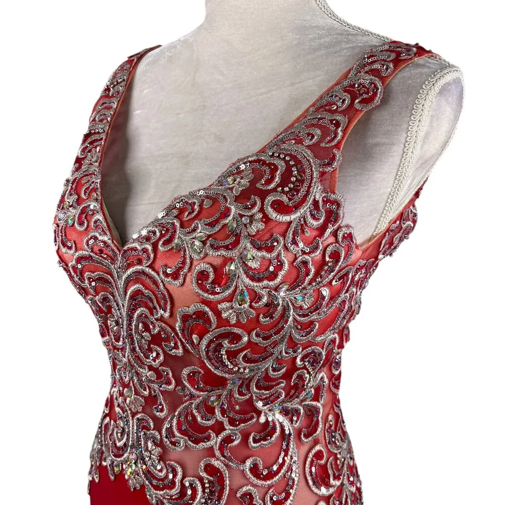 Jovani Prom Evening Gown Red 6 Beaded V-Neck  Back Zip Lined - Image 8