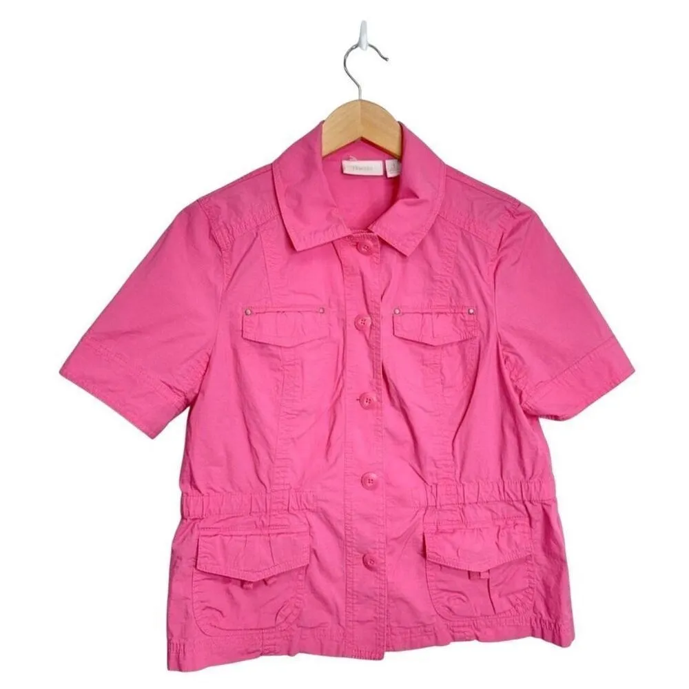Chico’s Cargo Shirt Womens Pink Short Sleeve Size Medium Front Pockets Collared - Image 2