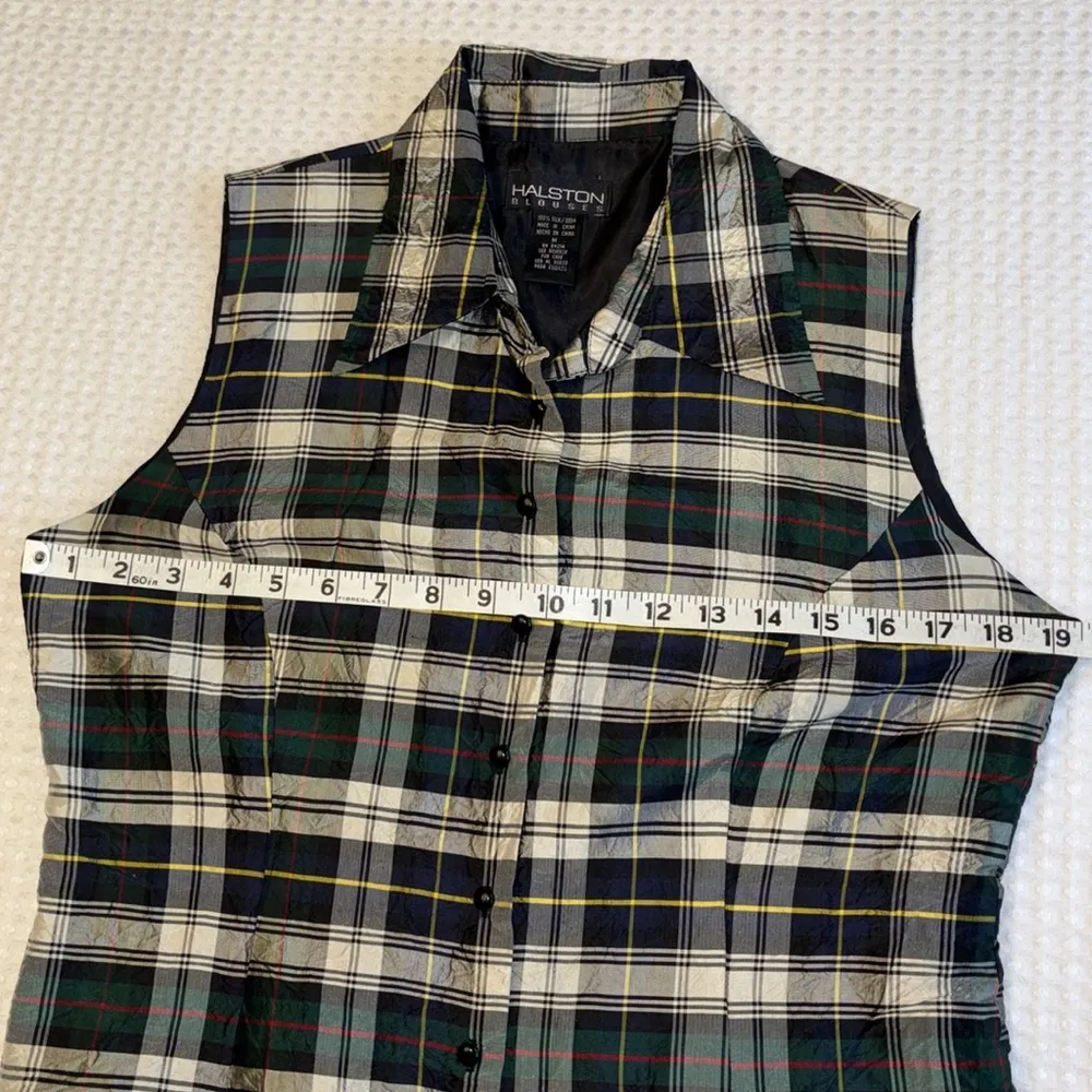 HALSTON BLOUSES Size MEDIUM Silk Plaid Vest Sleeveless Blouse Green Blue White - Image 9