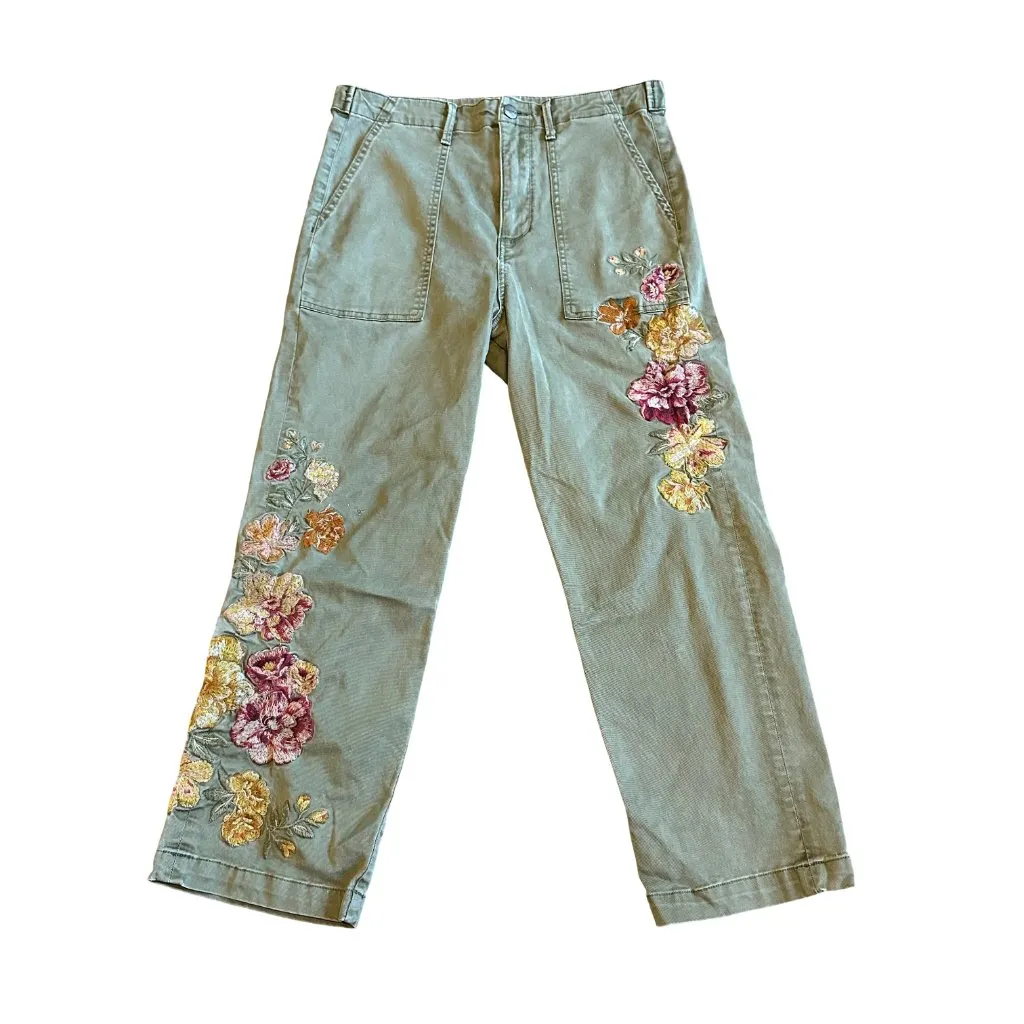 Driftwood Portofino Green Cropped Pants Embroidered Straight Leg Size Medium - Image 2
