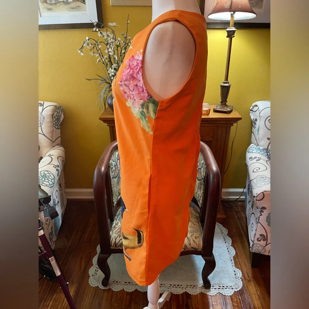 Star vintage orange sleeveless bird dress with pockets, zip closure. Size S. - Image 4